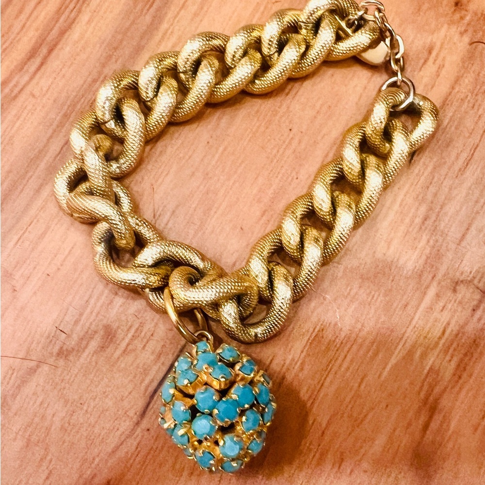 Avon Vintage Chunky Large Gold Twist Chain Bracelet with Faux Turquoise Charm